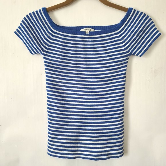Madewell Off-the-Shoulder Sweater Top Blue White Stripes Sz S Ribbed Fitted EUC - Picture 3 of 6